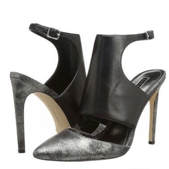 BCBGeneration Black Leather Chaser Pewter Stiletto Heel Sexy High Heels 7.5 NWT - Picture 1 of 11